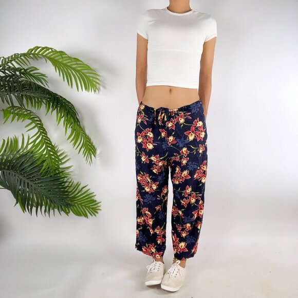 Vintage Y2K Blue Floral Beachy Boho Low Rise Wide Leg Summer Capri Pants / M - Picture 7 of 7